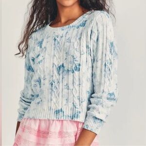 Blue Floral Cable Knit Sweater
